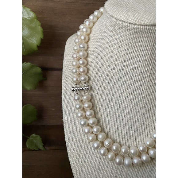 10mm White Pearl Necklace Double Strand - 17” Hand Knotted - Silver Overtone - Picture 7 of 10